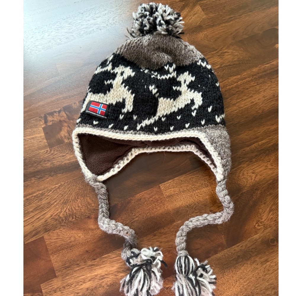 KP Design Norway Windfjord Reindeer Fair Isle Earflap Beanie Wool Pom Pom Hat